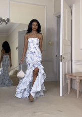 Vestido de noche elegante de sirena con volantes y estampado floral sin tirantes Y7840